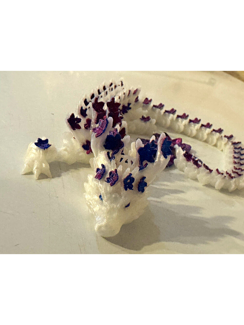 3D Printed Articulated Bone Dragon Purple White Flexi Fidget Toy 12 Inch